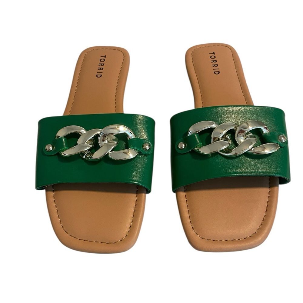 NWOT‎ Torrid Green Slide Sandals with Gold Chain, Size 9.5ww